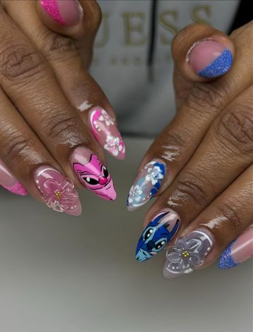 Stitch and Angel: Gel-X and 3D & Charms nails by Evil With Elegance, Miami