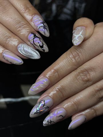 Chrome on chrome nails: Structured Gel and 3D & Charms nails by Evil With Elegance, Miami