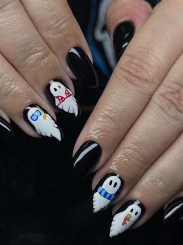 The cutest little ghosties!: Structured Gel and Spooky nails by Evil With Elegance, Miami