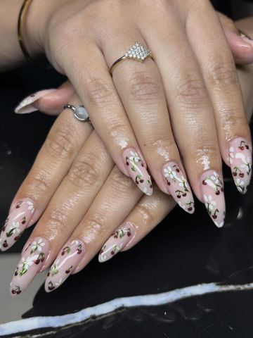 Cherries and flowers: Structured Gel and Chrome & Cat-Eye nails by Evil With Elegance, Miami