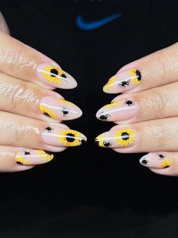 Spiders in the sunflower field: Structured Gel and Spooky nails by Evil With Elegance, Miami
