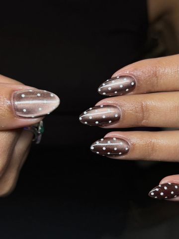 Love brown: Gel-X and Chrome & Cat-Eye nails by Evil With Elegance, Miami